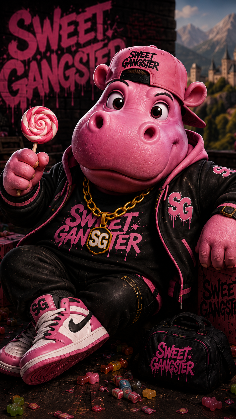 Big Sweet, das Sweet Gangster Maskottchen, mit Lolli und goldener Kette