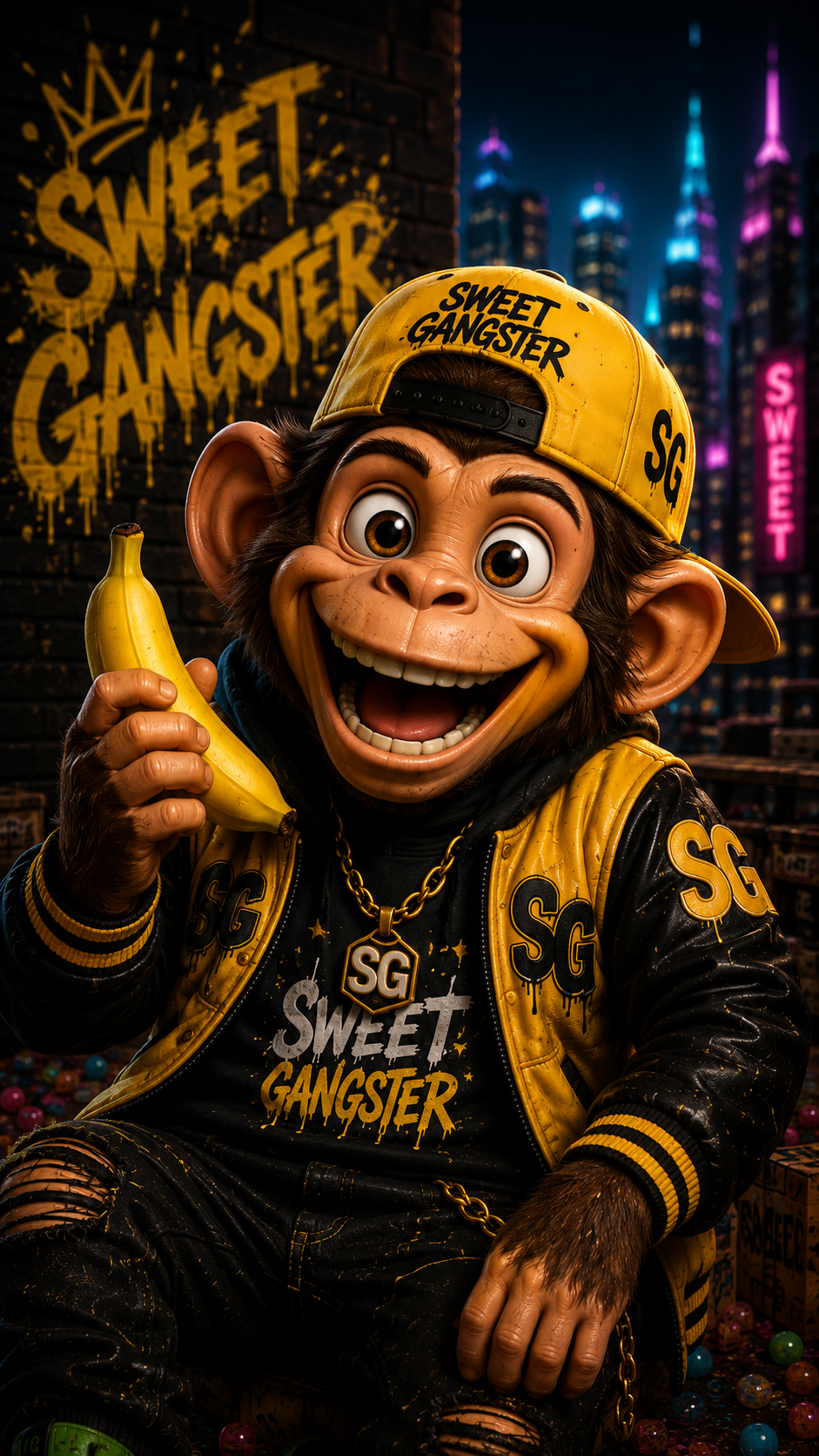 Don Banana, Affe mit gelber Cap, hält eine Banane