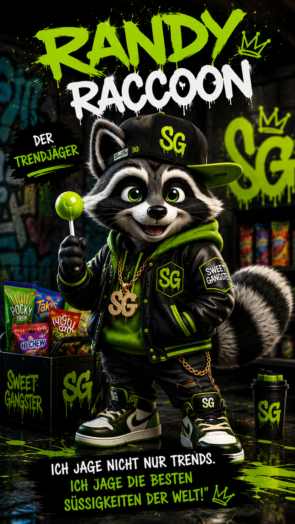 Randy Raccoon, Waschbär mit grüner Cap und Lolli