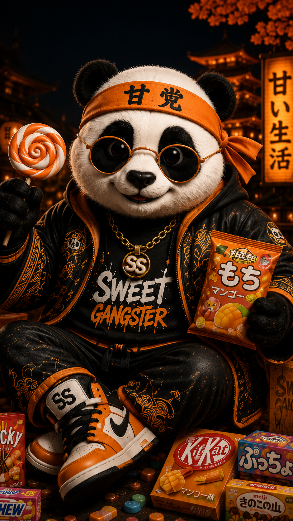 Mister Mochi, Panda mit orangem Stirnband und Sonnenbrille